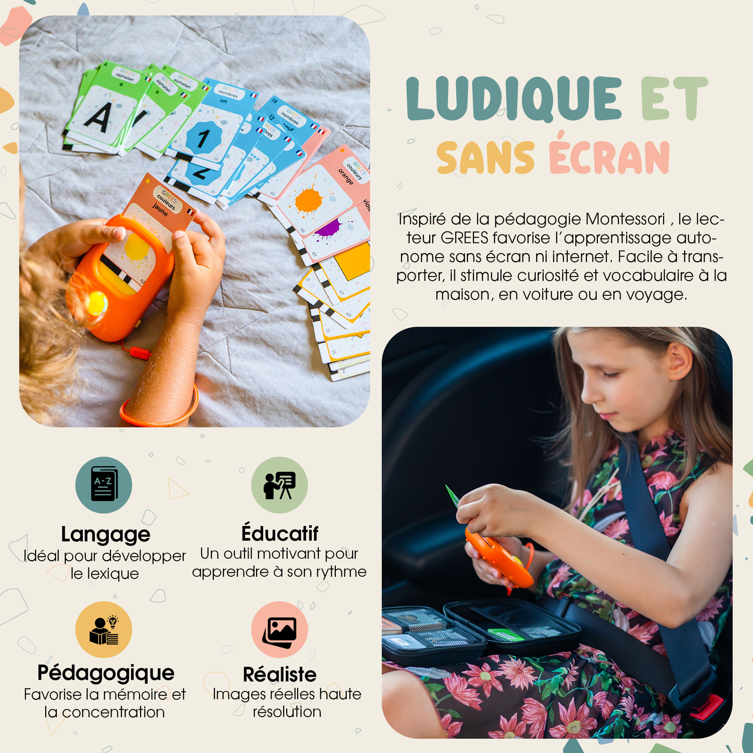 Enfant apprenant sans écran en voiture